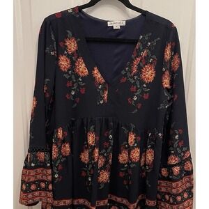 Loveriche Navy Blue Floral Long Sleeve Dress Cottage Core Boho Festival Mini